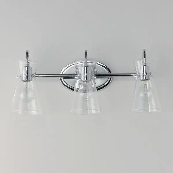 Suspended by three pin connections, the sharp silhouette of Ava's angular glass provides a designer look to enhance your bathroom design. Using Clear glass and a variety of complementary metal finishes the sconces are available in Black, Polished Chrome, or Natural Aged Brass allowing it to pair well with most interior color palettes. Collection: Ava Finish: Polished Chrome Glass: Clear Width: 22.00" Height: 9.50" Weight: 3.30 lb Extension from Wall: 7.00" Wire: 6" Canopy: 8"x5" Number of Bulbs: 3 Maximum Wattage: 60.00 W Bulb Type: E26 Bulb Base: E26 Medium Light Source: Incandescent Dimmable Voltage: 120.00 V Material: Steel,Glass Safety Listing: cULus Safety Rating: Damp Manufacturer Warranty: 3 Spec Sheet Instructions - alternate view