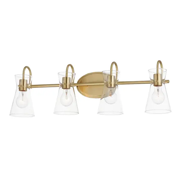 Suspended by three pin connections, the sharp silhouette of Ava's angular glass provides a designer look to enhance your bathroom design. Using Clear glass and a variety of complementary metal finishes the sconces are available in Black, Polished Chrome, or Natural Aged Brass allowing it to pair well with most interior color palettes. Collection: Ava Finish: Natural Aged Brass Glass: Clear Width: 30.70" Height: 9.50" Weight: 4.11 lb Extension from Wall: 7.00" Wire: 6" Canopy: 8"x5" Number of Bulbs: 4 Maximum Wattage: 60.00 W Bulb Type: E26 Bulb Base: E26 Medium Light Source: Incandescent Dimmable Voltage: 120.00 V Material: Steel,Glass Safety Listing: cULus Safety Rating: Damp Manufacturer Warranty: 3 Spec Sheet Instructions