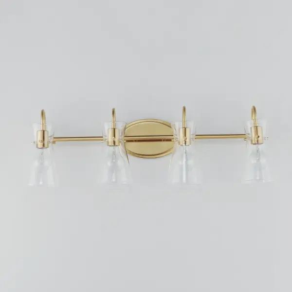 Suspended by three pin connections, the sharp silhouette of Ava's angular glass provides a designer look to enhance your bathroom design. Using Clear glass and a variety of complementary metal finishes the sconces are available in Black, Polished Chrome, or Natural Aged Brass allowing it to pair well with most interior color palettes. Collection: Ava Finish: Natural Aged Brass Glass: Clear Width: 30.70" Height: 9.50" Weight: 4.11 lb Extension from Wall: 7.00" Wire: 6" Canopy: 8"x5" Number of Bulbs: 4 Maximum Wattage: 60.00 W Bulb Type: E26 Bulb Base: E26 Medium Light Source: Incandescent Dimmable Voltage: 120.00 V Material: Steel,Glass Safety Listing: cULus Safety Rating: Damp Manufacturer Warranty: 3 Spec Sheet Instructions - alternate view