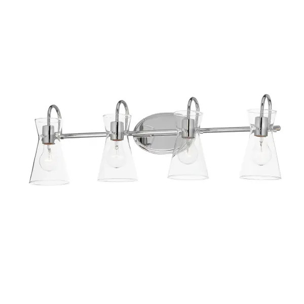 Suspended by three pin connections, the sharp silhouette of Ava's angular glass provides a designer look to enhance your bathroom design. Using Clear glass and a variety of complementary metal finishes the sconces are available in Black, Polished Chrome, or Natural Aged Brass allowing it to pair well with most interior color palettes. Collection: Ava Finish: Polished Chrome Glass: Clear Width: 30.70" Height: 9.50" Weight: 4.11 lb Extension from Wall: 7.00" Wire: 6" Canopy: 8"x5" Number of Bulbs: 4 Maximum Wattage: 60.00 W Bulb Type: E26 Bulb Base: E26 Medium Light Source: Incandescent Dimmable Voltage: 120.00 V Material: Steel,Glass Safety Listing: cULus Safety Rating: Damp Manufacturer Warranty: 3 Spec Sheet Instructions