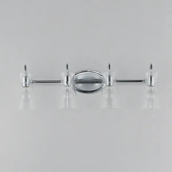 Suspended by three pin connections, the sharp silhouette of Ava's angular glass provides a designer look to enhance your bathroom design. Using Clear glass and a variety of complementary metal finishes the sconces are available in Black, Polished Chrome, or Natural Aged Brass allowing it to pair well with most interior color palettes. Collection: Ava Finish: Polished Chrome Glass: Clear Width: 30.70" Height: 9.50" Weight: 4.11 lb Extension from Wall: 7.00" Wire: 6" Canopy: 8"x5" Number of Bulbs: 4 Maximum Wattage: 60.00 W Bulb Type: E26 Bulb Base: E26 Medium Light Source: Incandescent Dimmable Voltage: 120.00 V Material: Steel,Glass Safety Listing: cULus Safety Rating: Damp Manufacturer Warranty: 3 Spec Sheet Instructions - alternate view