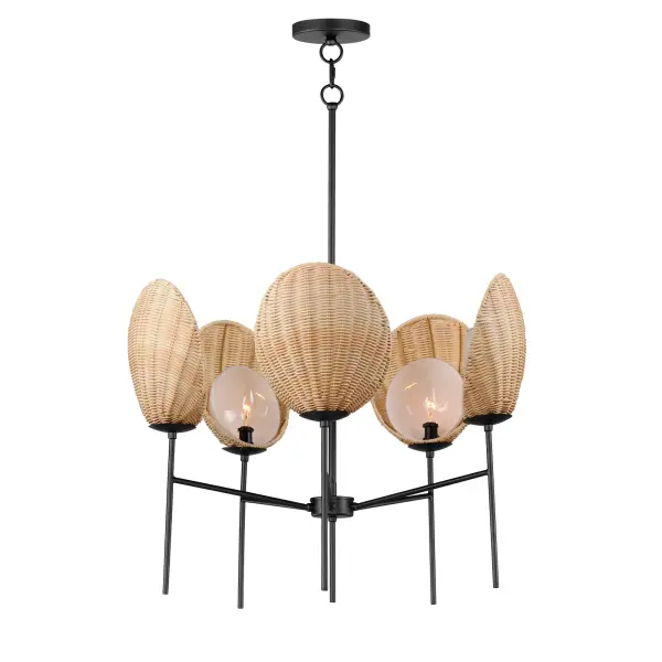 A classical chandelier that transports you to a tropical paradise, the Maldives collection features hand woven wicker shades that elegantly curve around precisely cut opal white glass. Suspended on slender supports of steel finished in Matte Black, the handcrafted shade structures conjure up images of bungalows along the coast. Available in chandelier and sconce configurations.