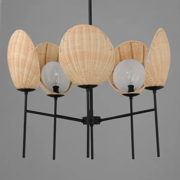 A classical chandelier that transports you to a tropical paradise, the Maldives collection features hand woven wicker shades that elegantly curve around precisely cut opal white glass. Suspended on slender supports of steel finished in Matte Black, the handcrafted shade structures conjure up images of bungalows along the coast. Available in chandelier and sconce configurations. - alternate view