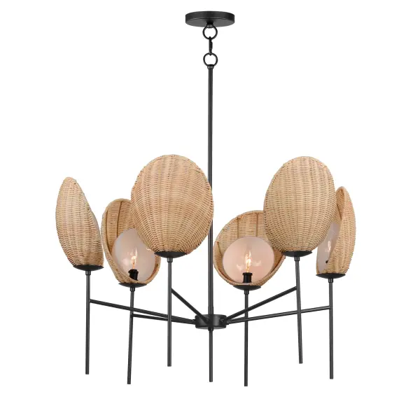 A classical chandelier that transports you to a tropical paradise, the Maldives collection features hand woven wicker shades that elegantly curve around precisely cut opal white glass. Suspended on slender supports of steel finished in Matte Black, the handcrafted shade structures conjure up images of bungalows along the coast. Available in chandelier and sconce configurations.