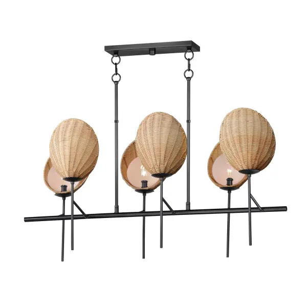 A classical chandelier that transports you to a tropical paradise, the Maldives collection features hand woven wicker shades that elegantly curve around precisely cut opal white glass. Suspended on slender supports of steel finished in Matte Black, the handcrafted shade structures conjure up images of bungalows along the coast. Available in chandelier and sconce configurations.