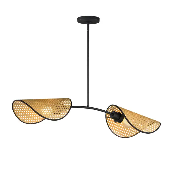 Natural cane woven wicker shades curve over exposed light bulbs like the brim of a bonnet on a minimalistic mobile chandelier. The composition of shade and chandelier shape are of a corresponding curvature. The contrast of natural materials and sandy Black silhouette of chandelier form adds nostalgia to an overall modern design. The shades are rotatable under another axis of articulation allowing more flexibility in the design according to your preference.