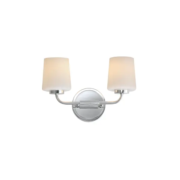 Featuring knurled rod details, this lighting collection brings a modern industrial edge to any space. Available in a range of sizes for chandeliers and two styles of bath vanity lighting, it offers versatility for different design needs. Offered in Matte Black, Satin Nickel, and Natural Aged Brass, this collection complements a wide variety of interior styles. Collection: Durham Finish: Polished Chrome Glass: White Width: 13.75" Height: 9.25" Weight: 4.20 lb Extension from Wall: 5.50" Wire: 8" Canopy: 5"x5" Number of Bulbs: 2 Maximum Wattage: 60.00 W Bulb Type: A19 Bulb Base: E26 Medium Light Source: Incandescent Dimmable Voltage: 120.00 V Material: Steel, Glass Safety Listing: cULus Safety Rating: Damp Spec Sheet Instructions