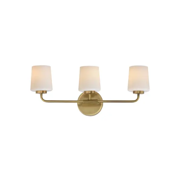 Featuring knurled rod details, this lighting collection brings a modern industrial edge to any space. Available in a range of sizes for chandeliers and two styles of bath vanity lighting, it offers versatility for different design needs. Offered in Matte Black, Satin Nickel, and Natural Aged Brass, this collection complements a wide variety of interior styles. Collection: Durham Finish: Natural Aged Brass Glass: White Width: 23.00" Height: 9.25" Weight: 6.00 lb Extension from Wall: 5.50" Wire: 8" Canopy: 5"x5" Number of Bulbs: 3 Maximum Wattage: 60.00 W Bulb Type: A19 Bulb Base: E26 Medium Light Source: Incandescent Dimmable Voltage: 120.00 V Material: Steel, Glass Safety Listing: cULus Safety Rating: Damp Spec Sheet Instructions