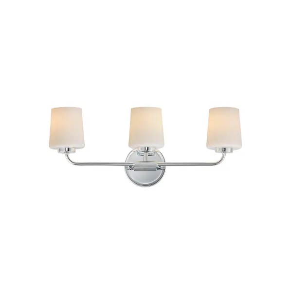 Featuring knurled rod details, this lighting collection brings a modern industrial edge to any space. Available in a range of sizes for chandeliers and two styles of bath vanity lighting, it offers versatility for different design needs. Offered in Matte Black, Satin Nickel, and Natural Aged Brass, this collection complements a wide variety of interior styles. Collection: Durham Finish: Polished Chrome Glass: White Width: 23.00" Height: 9.25" Weight: 6.00 lb Extension from Wall: 5.50" Wire: 8" Canopy: 5"x5" Number of Bulbs: 3 Maximum Wattage: 60.00 W Bulb Type: A19 Bulb Base: E26 Medium Light Source: Incandescent Dimmable Voltage: 120.00 V Material: Steel, Glass Safety Listing: cULus Safety Rating: Damp Spec Sheet Instructions
