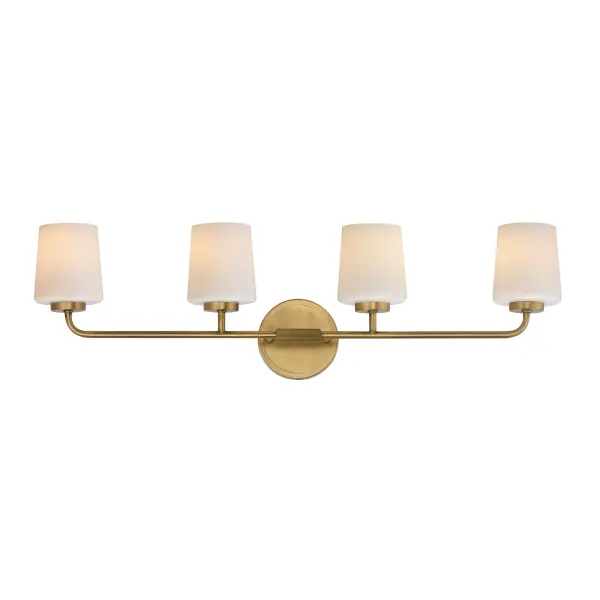 Featuring knurled rod details, this lighting collection brings a modern industrial edge to any space. Available in a range of sizes for chandeliers and two styles of bath vanity lighting, it offers versatility for different design needs. Offered in Matte Black, Satin Nickel, and Natural Aged Brass, this collection complements a wide variety of interior styles. Collection: Durham Finish: Natural Aged Brass Glass: White Width: 32.50" Height: 9.25" Weight: 8.20 lb Extension from Wall: 5.50" Wire: 8" Canopy: 5"x5" Number of Bulbs: 4 Maximum Wattage: 60.00 W Bulb Type: A19 Bulb Base: E26 Medium Light Source: Incandescent Dimmable Voltage: 120.00 V Material: Steel, Glass Safety Listing: cULus Safety Rating: Damp Spec Sheet Instructions