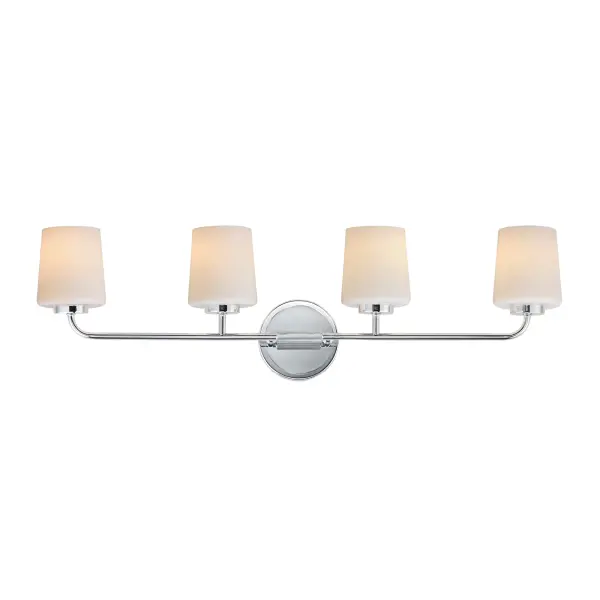 Featuring knurled rod details, this lighting collection brings a modern industrial edge to any space. Available in a range of sizes for chandeliers and two styles of bath vanity lighting, it offers versatility for different design needs. Offered in Matte Black, Satin Nickel, and Natural Aged Brass, this collection complements a wide variety of interior styles. Collection: Durham Finish: Polished Chrome Glass: White Width: 32.50" Height: 9.25" Weight: 8.20 lb Extension from Wall: 5.50" Wire: 8" Canopy: 5"x5" Number of Bulbs: 4 Maximum Wattage: 60.00 W Bulb Type: A19 Bulb Base: E26 Medium Light Source: Incandescent Dimmable Voltage: 120.00 V Material: Steel, Glass Safety Listing: cULus Safety Rating: Damp Spec Sheet Instructions