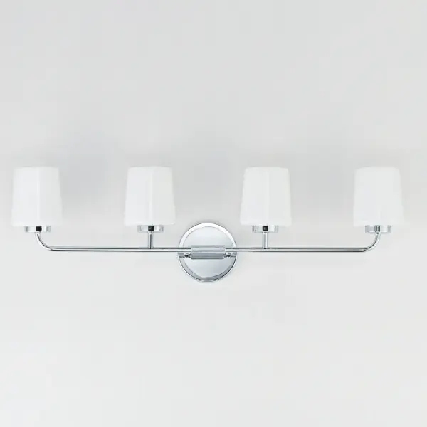 Featuring knurled rod details, this lighting collection brings a modern industrial edge to any space. Available in a range of sizes for chandeliers and two styles of bath vanity lighting, it offers versatility for different design needs. Offered in Matte Black, Satin Nickel, and Natural Aged Brass, this collection complements a wide variety of interior styles. Collection: Durham Finish: Polished Chrome Glass: White Width: 32.50" Height: 9.25" Weight: 8.20 lb Extension from Wall: 5.50" Wire: 8" Canopy: 5"x5" Number of Bulbs: 4 Maximum Wattage: 60.00 W Bulb Type: A19 Bulb Base: E26 Medium Light Source: Incandescent Dimmable Voltage: 120.00 V Material: Steel, Glass Safety Listing: cULus Safety Rating: Damp Spec Sheet Instructions - alternate view