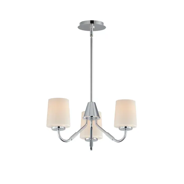 Featuring knurled rod details, this lighting collection brings a modern industrial edge to any space. Available in a range of sizes for chandeliers and two styles of bath vanity lighting, it offers versatility for different design needs. Offered in Matte Black, Satin Nickel, and Natural Aged Brass, this collection complements a wide variety of interior styles. Collection: Durham Finish: Polished Chrome Glass: White Width: 18.50" Height: 8.00" Length: 18.50" Weight: 5.72 lb Wire: 120" Canopy: 5.5"x5.5"x0.75" Number of Bulbs: 3 Maximum Wattage: 60.00 W Bulb Base: E26 Medium Light Source: Incandescent Dimmable Voltage: 120.00 V Material: Steel, Glass Safety Listing: cETLus Safety Rating: Dry Spec Sheet Instructions