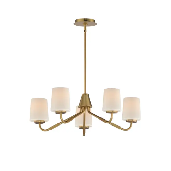 Featuring knurled rod details, this lighting collection brings a modern industrial edge to any space. Available in a range of sizes for chandeliers and two styles of bath vanity lighting, it offers versatility for different design needs. Offered in Matte Black, Satin Nickel, and Natural Aged Brass, this collection complements a wide variety of interior styles. Collection: Durham Finish: Natural Aged Brass Glass: White Width: 26.00" Height: 8.00" Length: 26.00" Weight: 7.92 lb Wire: 120" Canopy: 5.5"x5.5"x0.75" Number of Bulbs: 5 Maximum Wattage: 60.00 W Bulb Base: E26 Medium Light Source: Incandescent Dimmable Voltage: 120.00 V Material: Steel, Glass Safety Listing: cETLus Safety Rating: Dry Spec Sheet Instructions