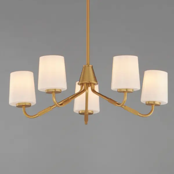 Featuring knurled rod details, this lighting collection brings a modern industrial edge to any space. Available in a range of sizes for chandeliers and two styles of bath vanity lighting, it offers versatility for different design needs. Offered in Matte Black, Satin Nickel, and Natural Aged Brass, this collection complements a wide variety of interior styles. Collection: Durham Finish: Natural Aged Brass Glass: White Width: 26.00" Height: 8.00" Length: 26.00" Weight: 7.92 lb Wire: 120" Canopy: 5.5"x5.5"x0.75" Number of Bulbs: 5 Maximum Wattage: 60.00 W Bulb Base: E26 Medium Light Source: Incandescent Dimmable Voltage: 120.00 V Material: Steel, Glass Safety Listing: cETLus Safety Rating: Dry Spec Sheet Instructions - alternate view