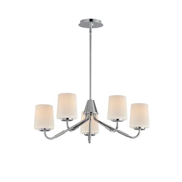 Featuring knurled rod details, this lighting collection brings a modern industrial edge to any space. Available in a range of sizes for chandeliers and two styles of bath vanity lighting, it offers versatility for different design needs. Offered in Matte Black, Satin Nickel, and Natural Aged Brass, this collection complements a wide variety of interior styles. Collection: Durham Finish: Polished Chrome Glass: White Width: 26.00" Height: 8.00" Length: 26.00" Weight: 7.92 lb Wire: 120" Canopy: 5.5"x5.5"x0.75" Number of Bulbs: 5 Maximum Wattage: 60.00 W Bulb Base: E26 Medium Light Source: Incandescent Dimmable Voltage: 120.00 V Material: Steel, Glass Safety Listing: cETLus Safety Rating: Dry Spec Sheet Instructions