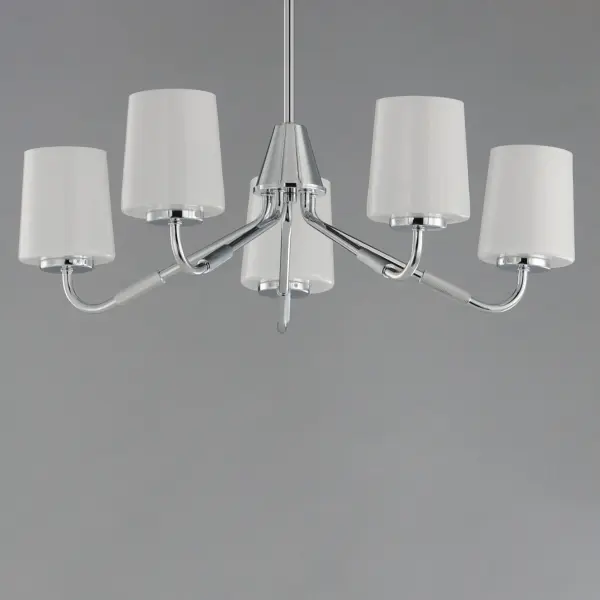 Featuring knurled rod details, this lighting collection brings a modern industrial edge to any space. Available in a range of sizes for chandeliers and two styles of bath vanity lighting, it offers versatility for different design needs. Offered in Matte Black, Satin Nickel, and Natural Aged Brass, this collection complements a wide variety of interior styles. Collection: Durham Finish: Polished Chrome Glass: White Width: 26.00" Height: 8.00" Length: 26.00" Weight: 7.92 lb Wire: 120" Canopy: 5.5"x5.5"x0.75" Number of Bulbs: 5 Maximum Wattage: 60.00 W Bulb Base: E26 Medium Light Source: Incandescent Dimmable Voltage: 120.00 V Material: Steel, Glass Safety Listing: cETLus Safety Rating: Dry Spec Sheet Instructions - alternate view