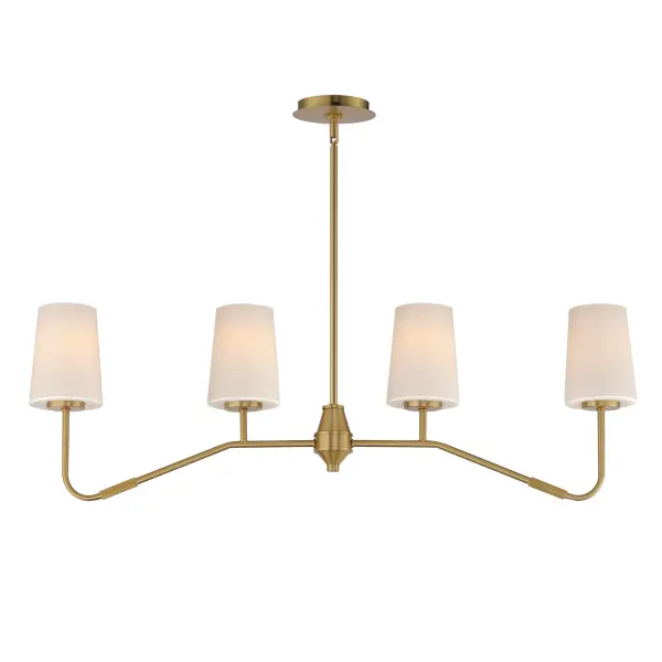 Featuring knurled rod details, this lighting collection brings a modern industrial edge to any space. Available in a range of sizes for chandeliers and two styles of bath vanity lighting, it offers versatility for different design needs. Offered in Matte Black, Satin Nickel, and Natural Aged Brass, this collection complements a wide variety of interior styles. Collection: Durham Finish: Natural Aged Brass Glass: White Width: 4.75" Height: 12.25" Length: 38.50" Weight: 6.82 lb Wire: 120" Canopy: 5.5"x5.5"x0.75" Number of Bulbs: 4 Maximum Wattage: 60.00 W Bulb Base: E26 Medium Light Source: Incandescent Dimmable Voltage: 120.00 V Material: Steel, Glass Safety Listing: cETLus Safety Rating: Dry Spec Sheet Instructions