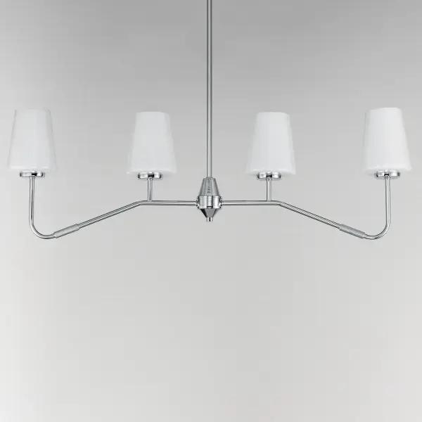Featuring knurled rod details, this lighting collection brings a modern industrial edge to any space. Available in a range of sizes for chandeliers and two styles of bath vanity lighting, it offers versatility for different design needs. Offered in Matte Black, Satin Nickel, and Natural Aged Brass, this collection complements a wide variety of interior styles. Collection: Durham Finish: Polished Chrome Glass: White Width: 4.75" Height: 12.25" Length: 38.50" Weight: 6.82 lb Wire: 120" Canopy: 5.5"x5.5"x0.75" Number of Bulbs: 4 Maximum Wattage: 60.00 W Bulb Base: E26 Medium Light Source: Incandescent Dimmable Voltage: 120.00 V Material: Steel, Glass Safety Listing: cETLus Safety Rating: Dry Spec Sheet Instructions - alternate view