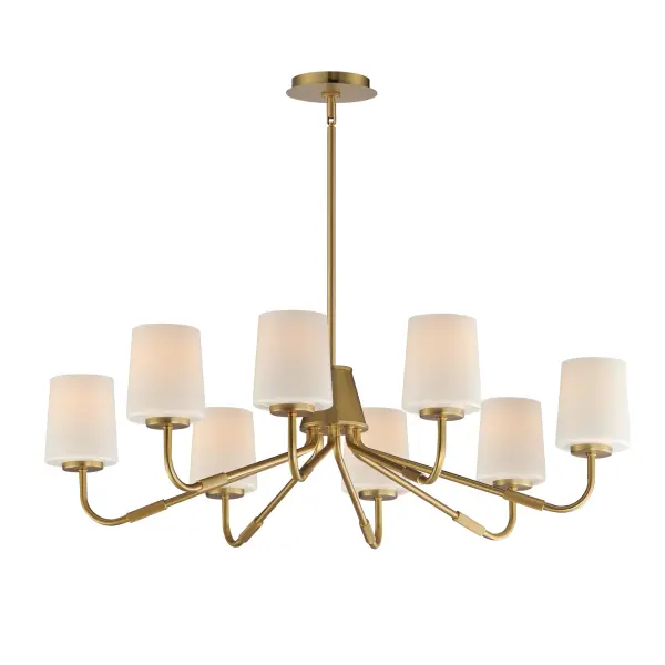 Featuring knurled rod details, this lighting collection brings a modern industrial edge to any space. Available in a range of sizes for chandeliers and two styles of bath vanity lighting, it offers versatility for different design needs. Offered in Matte Black, Satin Nickel, and Natural Aged Brass, this collection complements a wide variety of interior styles. Collection: Durham Finish: Natural Aged Brass Glass: White Width: 34.25" Height: 8.75" Length: 34.25" Weight: 12.10 lb Wire: 120" Canopy: 5.5"x5.5"x0.75" Number of Bulbs: 8 Maximum Wattage: 60.00 W Bulb Base: E26 Medium Light Source: Incandescent Dimmable Voltage: 120.00 V Material: Steel, Glass Safety Listing: cETLus Safety Rating: Dry Spec Sheet Instructions