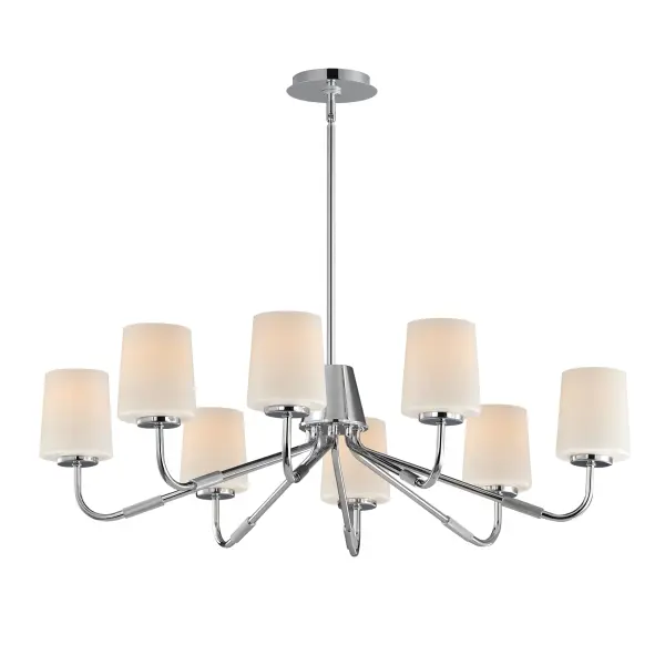 Featuring knurled rod details, this lighting collection brings a modern industrial edge to any space. Available in a range of sizes for chandeliers and two styles of bath vanity lighting, it offers versatility for different design needs. Offered in Matte Black, Satin Nickel, and Natural Aged Brass, this collection complements a wide variety of interior styles. Collection: Durham Finish: Polished Chrome Glass: White Width: 34.25" Height: 8.75" Length: 34.25" Weight: 12.10 lb Wire: 120" Canopy: 5.5"x5.5"x0.75" Number of Bulbs: 8 Maximum Wattage: 60.00 W Bulb Base: E26 Medium Light Source: Incandescent Dimmable Voltage: 120.00 V Material: Steel, Glass Safety Listing: cETLus Safety Rating: Dry Spec Sheet Instructions