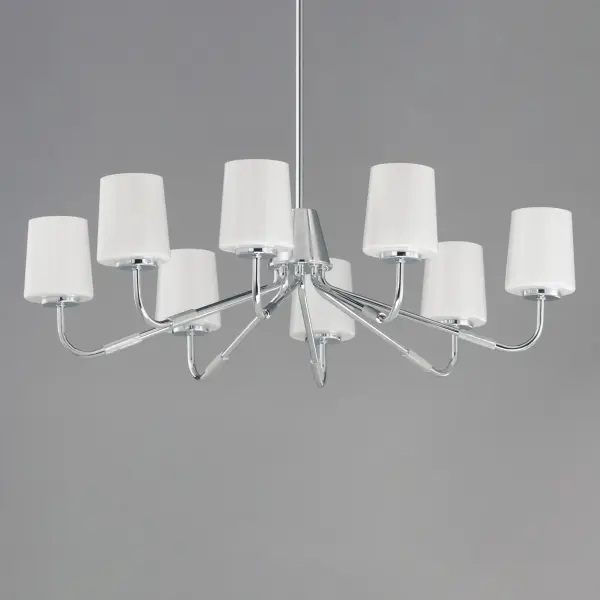 Featuring knurled rod details, this lighting collection brings a modern industrial edge to any space. Available in a range of sizes for chandeliers and two styles of bath vanity lighting, it offers versatility for different design needs. Offered in Matte Black, Satin Nickel, and Natural Aged Brass, this collection complements a wide variety of interior styles. Collection: Durham Finish: Polished Chrome Glass: White Width: 34.25" Height: 8.75" Length: 34.25" Weight: 12.10 lb Wire: 120" Canopy: 5.5"x5.5"x0.75" Number of Bulbs: 8 Maximum Wattage: 60.00 W Bulb Base: E26 Medium Light Source: Incandescent Dimmable Voltage: 120.00 V Material: Steel, Glass Safety Listing: cETLus Safety Rating: Dry Spec Sheet Instructions - alternate view