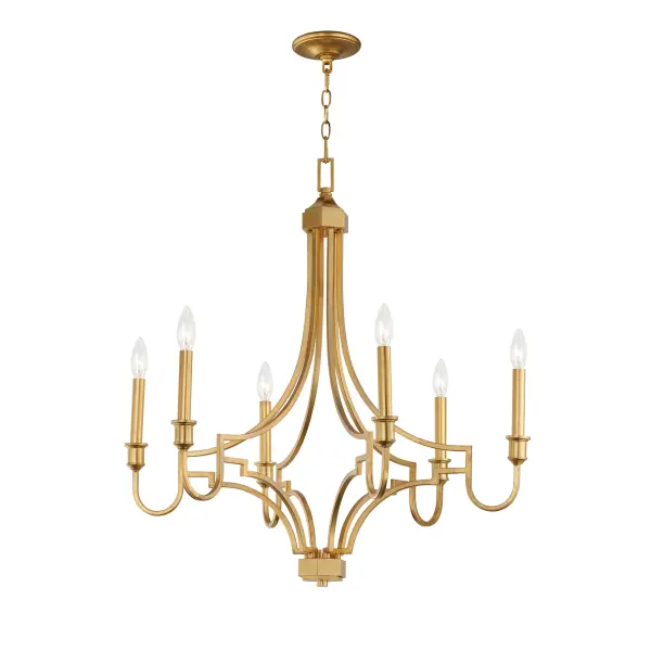 Gallant in hand-applied Gold Leaf, the Normandy collection is a look befitting a chateau of the Middle Ages.  Both traditional and handsome, the exposed candelabras are gilt in matching Gold Leaf sleeves as they perch at the end of decorative bobeches. The sharply-angled curves of the arms anchor to polygonal elements adding a tailored elegance to the chandelier's design. Thoughtful in its composition, the collection provides an authentic interpretation to a classical concept.