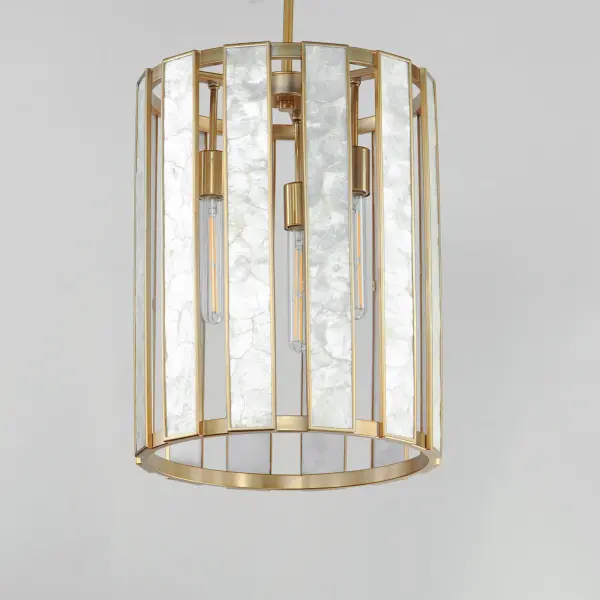 Classic in form and evoking the sea, laminae of Capiz shell are framed in paneled drum shapes. The Natural Aged Brass finish refines the coastal elements and complements the warm glow from behind the translucent panels. Available in multiple configurations of pendants as well as tiered chandeliers as well as a tall ADA-compliant wall sconce, the collection offers a sophisticated approach to coastal design. - alternate view