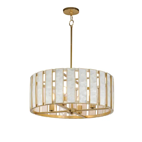 Classic in form and evoking the sea, laminae of Capiz shell are framed in paneled drum shapes. The Natural Aged Brass finish refines the coastal elements and complements the warm glow from behind the translucent panels. Available in multiple configurations of pendants as well as tiered chandeliers as well as a tall ADA-compliant wall sconce, the collection offers a sophisticated approach to coastal design.