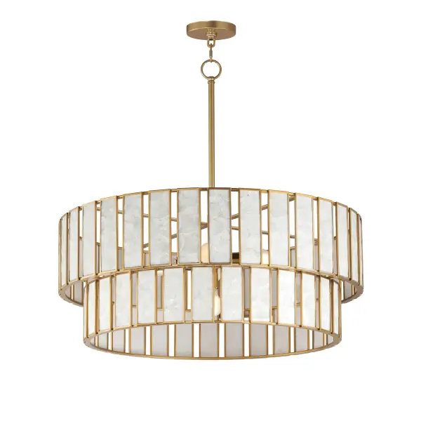 Classic in form and evoking the sea, laminae of Capiz shell are framed in paneled drum shapes. The Natural Aged Brass finish refines the coastal elements and complements the warm glow from behind the translucent panels. Available in multiple configurations of pendants as well as tiered chandeliers as well as a tall ADA-compliant wall sconce, the collection offers a sophisticated approach to coastal design.