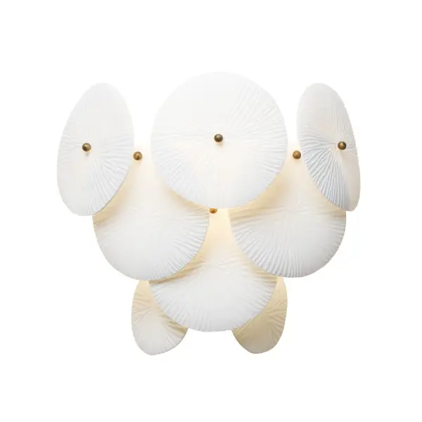 Featuring suspended tiers of textured, translucent ceramic panels, this design softly diffuses light across an undulating Matte White frame. Tiny brass knobs secure the veined ceramic panels, allowing the light to highlight their intricate texture and create a striking coastal, sand-dollar-inspired effect. Collection: Isla Finish: Natural Aged Brass Glass: White Width: 12.50" Height: 13.00" Weight: 4.84 lb Extension from Wall: 7.00" Wire: 8" Canopy: 8"x10.75" Number of Bulbs: 1 Maximum Wattage: 60.00 W Bulb Type: A19 Bulb Base: E26 Medium Light Source: Incandescent Voltage: 120.00 V Material: Steel Safety Listing: cULus Manufacturer Warranty: 3 Spec Sheet