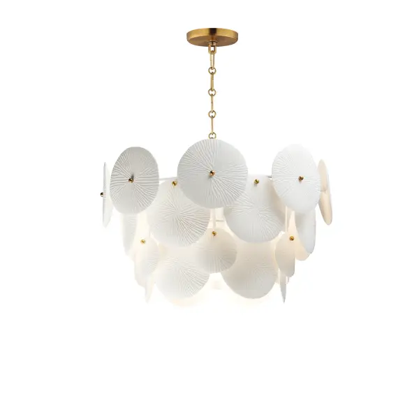 Featuring suspended tiers of textured, translucent ceramic panels, this design softly diffuses light across an undulating Matte White frame. Tiny brass knobs secure the veined ceramic panels, allowing the light to highlight their intricate texture and create a striking coastal, sand-dollar-inspired effect.