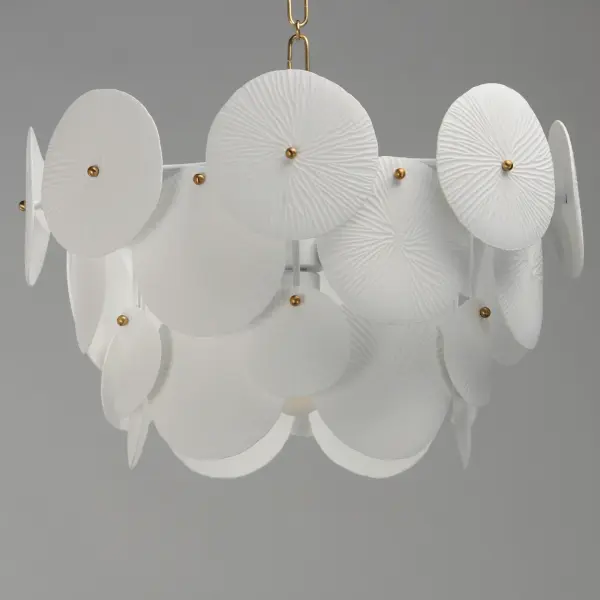 Featuring suspended tiers of textured, translucent ceramic panels, this design softly diffuses light across an undulating Matte White frame. Tiny brass knobs secure the veined ceramic panels, allowing the light to highlight their intricate texture and create a striking coastal, sand-dollar-inspired effect. - alternate view