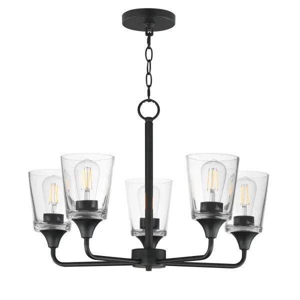 Collection: Hudson Finish: Black Glass: Clear Width: 24.00" Height: 15.25" Length: 24.00" Weight: 13.60 lb Chain: 36" Wire: 120" Canopy: 5"x5"x0.75" Number of Bulbs: 5 Maximum Wattage: 60.00 W Bulb Base: E26 Medium Light Source: Incandescent Voltage: 120.00 V Material: Steel, Glass Safety Listing: cETLus Manufacturer Warranty: 3 Spec Sheet