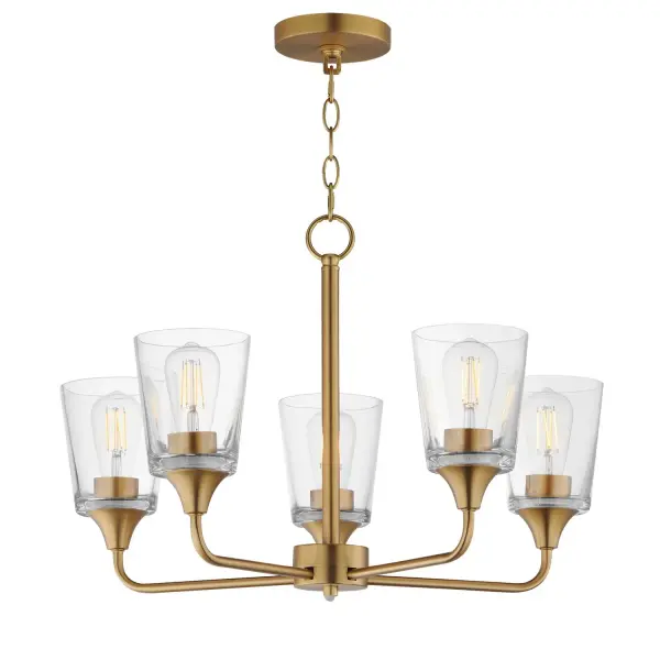 Collection: Hudson Finish: Natural Aged Brass Glass: Clear Width: 24.00" Height: 15.25" Length: 24.00" Weight: 13.60 lb Chain: 36" Wire: 120" Canopy: 5"x5"x0.75" Number of Bulbs: 5 Maximum Wattage: 60.00 W Bulb Base: E26 Medium Light Source: Incandescent Voltage: 120.00 V Material: Steel, Glass Safety Listing: cETLus Manufacturer Warranty: 3 Spec Sheet