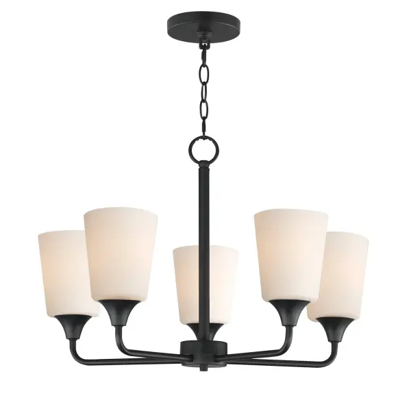 Collection: Hudson Finish: Black Glass: Satin White Width: 24.00" Height: 15.25" Length: 24.00" Weight: 11.00 lb Chain: 36" Wire: 120" Canopy: 5"x5"x0.75" Number of Bulbs: 5 Maximum Wattage: 60.00 W Bulb Base: E26 Medium Light Source: Incandescent Voltage: 120.00 V Material: Steel, Glass Safety Listing: cETLus Manufacturer Warranty: 3 Spec Sheet