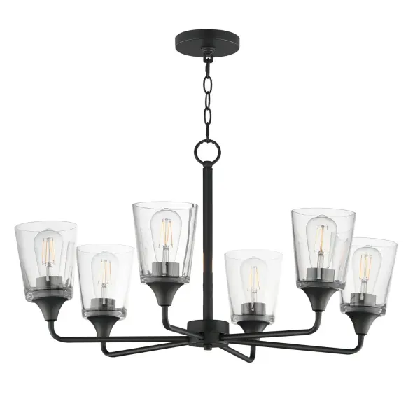 Collection: Hudson Finish: Black Glass: Clear Width: 30.00" Height: 19.25" Length: 30.00" Weight: 17.20 lb Chain: 36" Wire: 120" Canopy: 5"x5"x0.75" Number of Bulbs: 6 Maximum Wattage: 60.00 W Bulb Base: E26 Medium Light Source: Incandescent Voltage: 120.00 V Material: Steel, Glass Safety Listing: cETLus Manufacturer Warranty: 3 Spec Sheet