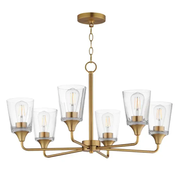 Collection: Hudson Finish: Natural Aged Brass Glass: Clear Width: 30.00" Height: 19.25" Length: 30.00" Weight: 17.20 lb Chain: 36" Wire: 120" Canopy: 5"x5"x0.75" Number of Bulbs: 6 Maximum Wattage: 60.00 W Bulb Base: E26 Medium Light Source: Incandescent Voltage: 120.00 V Material: Steel, Glass Safety Listing: cETLus Manufacturer Warranty: 3 Spec Sheet