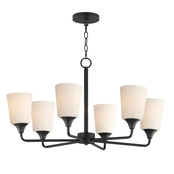 Collection: Hudson Finish: Black Glass: Satin White Width: 30.00" Height: 19.25" Length: 30.00" Weight: 14.00 lb Chain: 36" Wire: 120" Canopy: 5"x5"x0.75" Number of Bulbs: 6 Maximum Wattage: 60.00 W Bulb Base: E26 Medium Light Source: Incandescent Voltage: 120.00 V Material: Steel, Glass Safety Listing: cETLus Manufacturer Warranty: 3 Spec Sheet