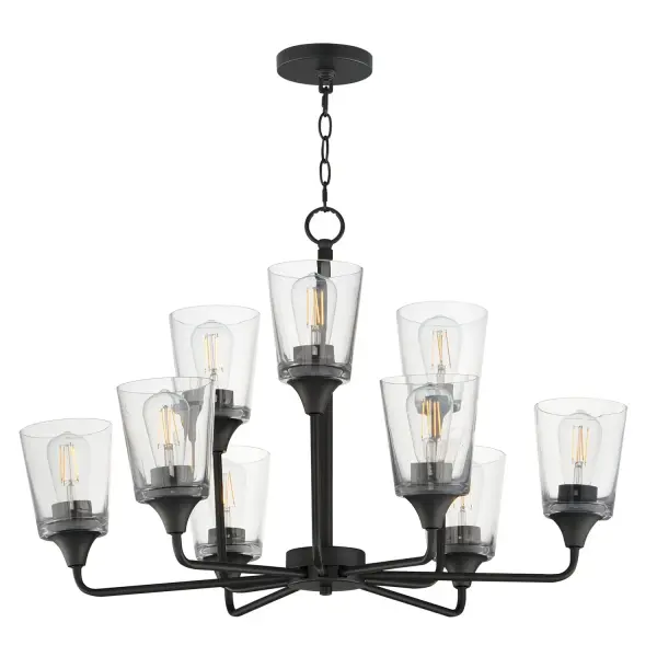 Collection: Hudson Finish: Black Glass: Clear Width: 30.00" Height: 19.25" Length: 30.00" Weight: 25.50 lb Chain: 72" Wire: 180" Canopy: 5"x5"x0.75" Number of Bulbs: 9 Maximum Wattage: 60.00 W Bulb Base: E26 Medium Light Source: Incandescent Voltage: 120.00 V Material: Steel, Glass Safety Listing: cETLus Manufacturer Warranty: 3 Spec Sheet