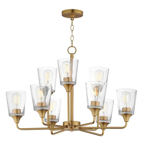 Collection: Hudson Finish: Natural Aged Brass Glass: Clear Width: 30.00" Height: 19.25" Length: 30.00" Weight: 25.50 lb Chain: 72" Wire: 180" Canopy: 5"x5"x0.75" Number of Bulbs: 9 Maximum Wattage: 60.00 W Bulb Base: E26 Medium Light Source: Incandescent Voltage: 120.00 V Material: Steel, Glass Safety Listing: cETLus Manufacturer Warranty: 3 Spec Sheet