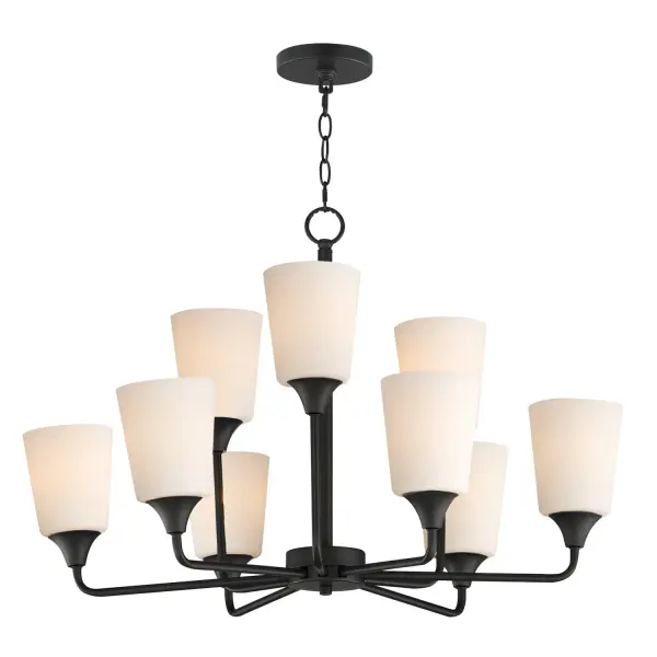 Collection: Hudson Finish: Black Glass: Satin White Width: 30.00" Height: 19.25" Length: 30.00" Weight: 21.00 lb Chain: 72" Wire: 180" Canopy: 5"x5"x0.75" Number of Bulbs: 9 Maximum Wattage: 60.00 W Bulb Base: E26 Medium Light Source: Incandescent Voltage: 120.00 V Material: Steel, Glass Safety Listing: cETLus Manufacturer Warranty: 3 Spec Sheet