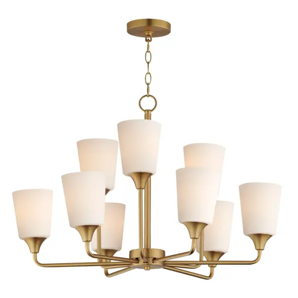 Collection: Hudson Finish: Natural Aged Brass Glass: Satin White Width: 30.00" Height: 19.25" Length: 30.00" Weight: 21.00 lb Chain: 72" Wire: 180" Canopy: 5"x5"x0.75" Number of Bulbs: 9 Maximum Wattage: 60.00 W Bulb Base: E26 Medium Light Source: Incandescent Voltage: 120.00 V Material: Steel, Glass Safety Listing: cETLus Manufacturer Warranty: 3 Spec Sheet