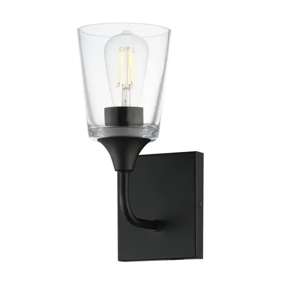 Collection: Hudson Finish: Black Glass: Clear Width: 4.75" Height: 11.00" Weight: 2.40 lb Extension from Wall: 6.25" Wire: 8" Canopy: 5.5"x4.75" Number of Bulbs: 1 Maximum Wattage: 60.00 W Bulb Base: E26 Medium Light Source: Incandescent Voltage: 120.00 V Material: Steel, Glass Safety Listing: cETLus Manufacturer Warranty: 3 Spec Sheet