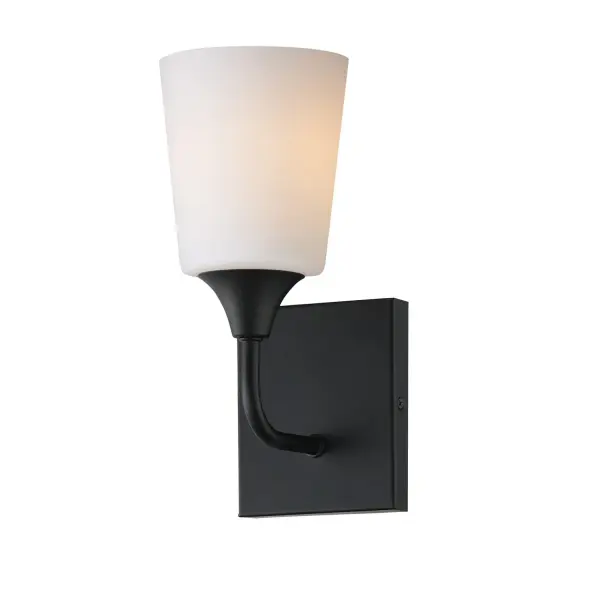 Collection: Hudson Finish: Black Glass: Satin White Width: 4.75" Height: 11.00" Weight: 2.00 lb Extension from Wall: 6.25" Wire: 8" Canopy: 5.5"x4.75" Number of Bulbs: 1 Maximum Wattage: 60.00 W Bulb Base: E26 Medium Light Source: Incandescent Voltage: 120.00 V Material: Steel, Glass Safety Listing: cETLus Manufacturer Warranty: 3 Spec Sheet