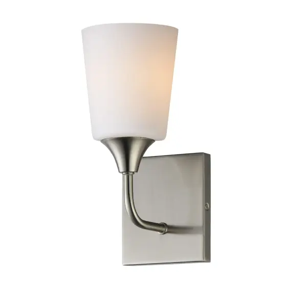 Collection: Hudson Finish: Natural Aged Brass Glass: Satin White Width: 4.75" Height: 11.00" Weight: 2.00 lb Extension from Wall: 6.25" Wire: 8" Canopy: 5.5"x4.75" Number of Bulbs: 1 Maximum Wattage: 60.00 W Bulb Base: E26 Medium Light Source: Incandescent Voltage: 120.00 V Material: Steel, Glass Safety Listing: cETLus Manufacturer Warranty: 3 Spec Sheet