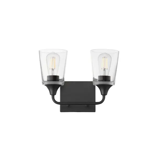 Collection: Hudson Finish: Black Glass: Clear Width: 13.00" Height: 9.75" Weight: 4.62 lb Extension from Wall: 6.50" Wire: 8" Canopy: 4.75"x6" Number of Bulbs: 2 Maximum Wattage: 60.00 W Bulb Base: E26 Medium Light Source: Incandescent Voltage: 120.00 V Material: Steel, Glass Safety Listing: cETLus Manufacturer Warranty: 3 Spec Sheet