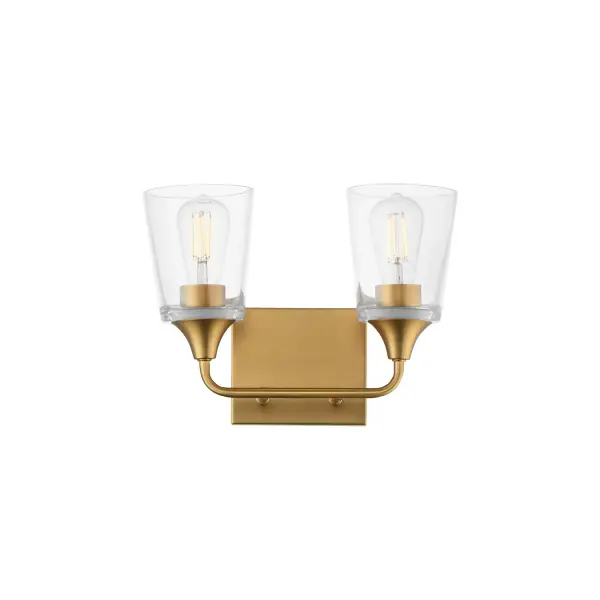 Collection: Hudson Finish: Natural Aged Brass Glass: Clear Width: 13.00" Height: 9.75" Weight: 4.62 lb Extension from Wall: 6.50" Wire: 8" Canopy: 4.75"x6" Number of Bulbs: 2 Maximum Wattage: 60.00 W Bulb Base: E26 Medium Light Source: Incandescent Voltage: 120.00 V Material: Steel, Glass Safety Listing: cETLus Manufacturer Warranty: 3 Spec Sheet