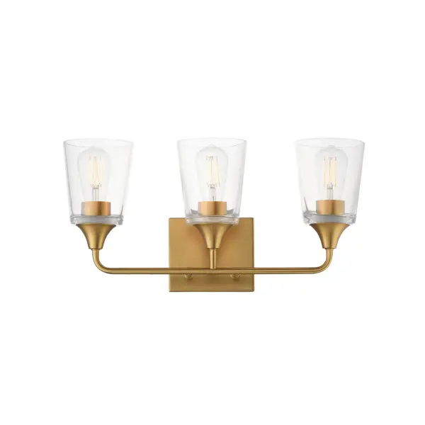 Collection: Hudson Finish: Natural Aged Brass Glass: Clear Width: 20.50" Height: 9.75" Weight: 6.16 lb Extension from Wall: 6.50" Wire: 8" Canopy: 4.75"x6" Number of Bulbs: 3 Maximum Wattage: 60.00 W Bulb Base: E26 Medium Light Source: Incandescent Voltage: 120.00 V Material: Steel, Glass Safety Listing: cETLus Manufacturer Warranty: 3 Spec Sheet
