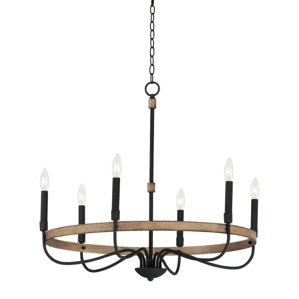 Rustic charm in an elegant, yet simple chandelier with warm distressed wood finishes and textured black metal arms. Black candle covers evoke wax candles to complete the classic and transitional appeal of this series. The flush mount features a satin white diffuser to soften the lamps within.